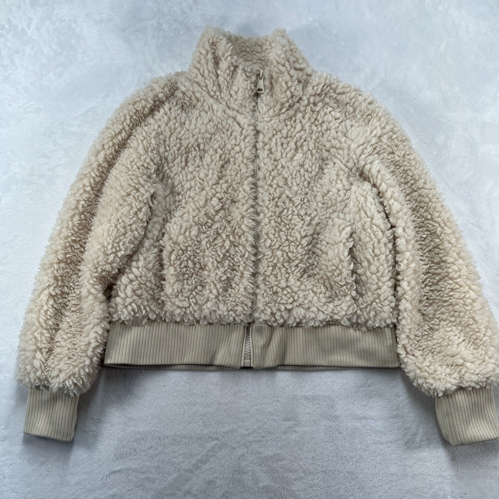 Zara Faux Fur Teddy Zip Jacket Womens Medium Cream Pockets Sherpa Recycled Poly